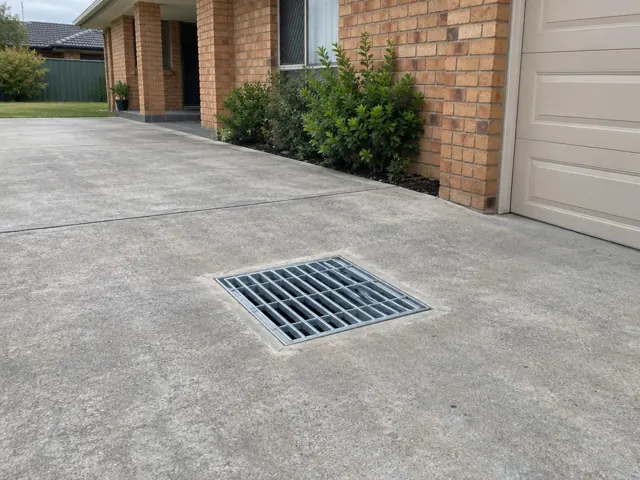 Concrete driveway with a metal drain grate beside a brick house and garage door in Schofields