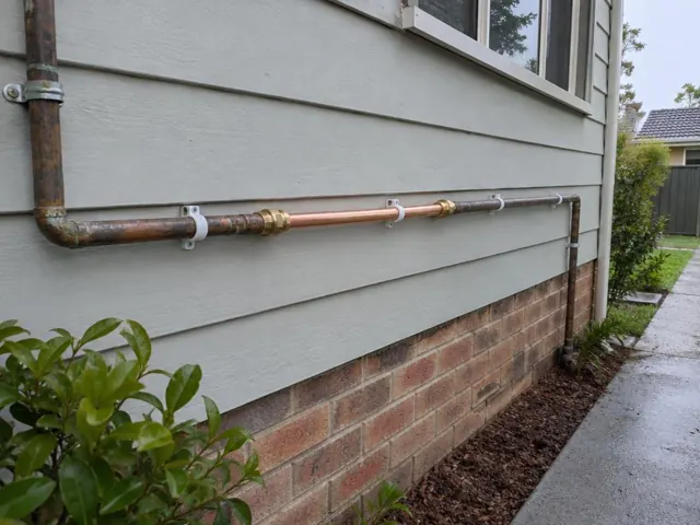 Repaired copper water pipe along an exterior weatherboard wall above a brick base in Kellyville