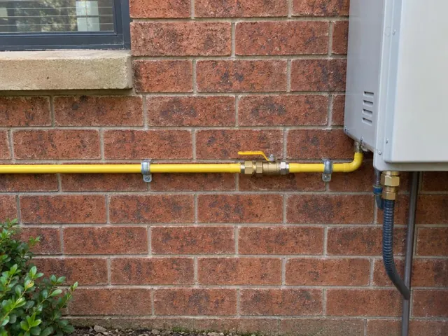 Yellow gas pipe and shutoff valve on a brick exterior wall beside a meter box in Stanhope Gardens